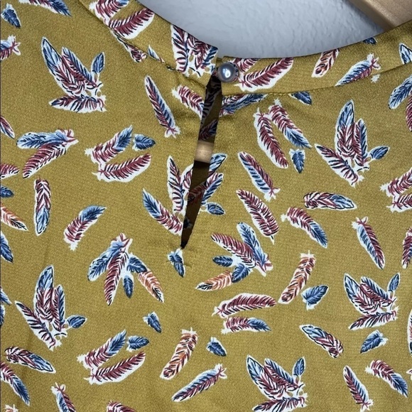 Mustard Yellow Feather Pattern Mock Ditsy Floral Neck Tie Sleeve Blouse Shirt - Picture 5 of 8